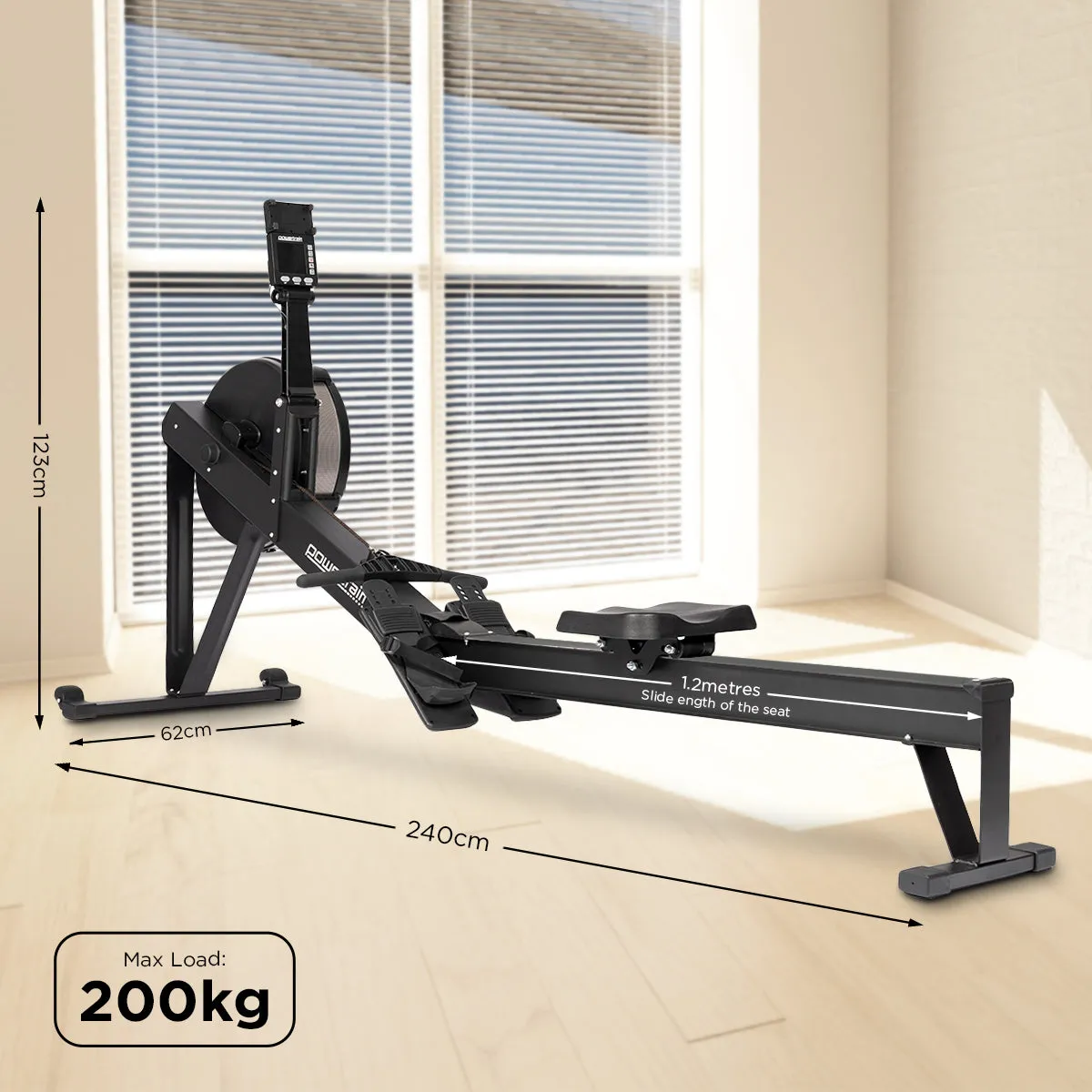 10-Level Air Resistance Rower, Bluetooth, LCD - Powertrain