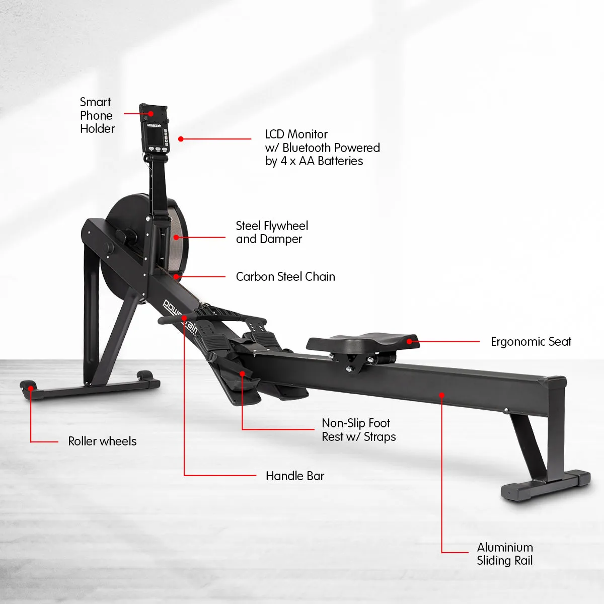 10-Level Air Resistance Rower, Bluetooth, LCD - Powertrain