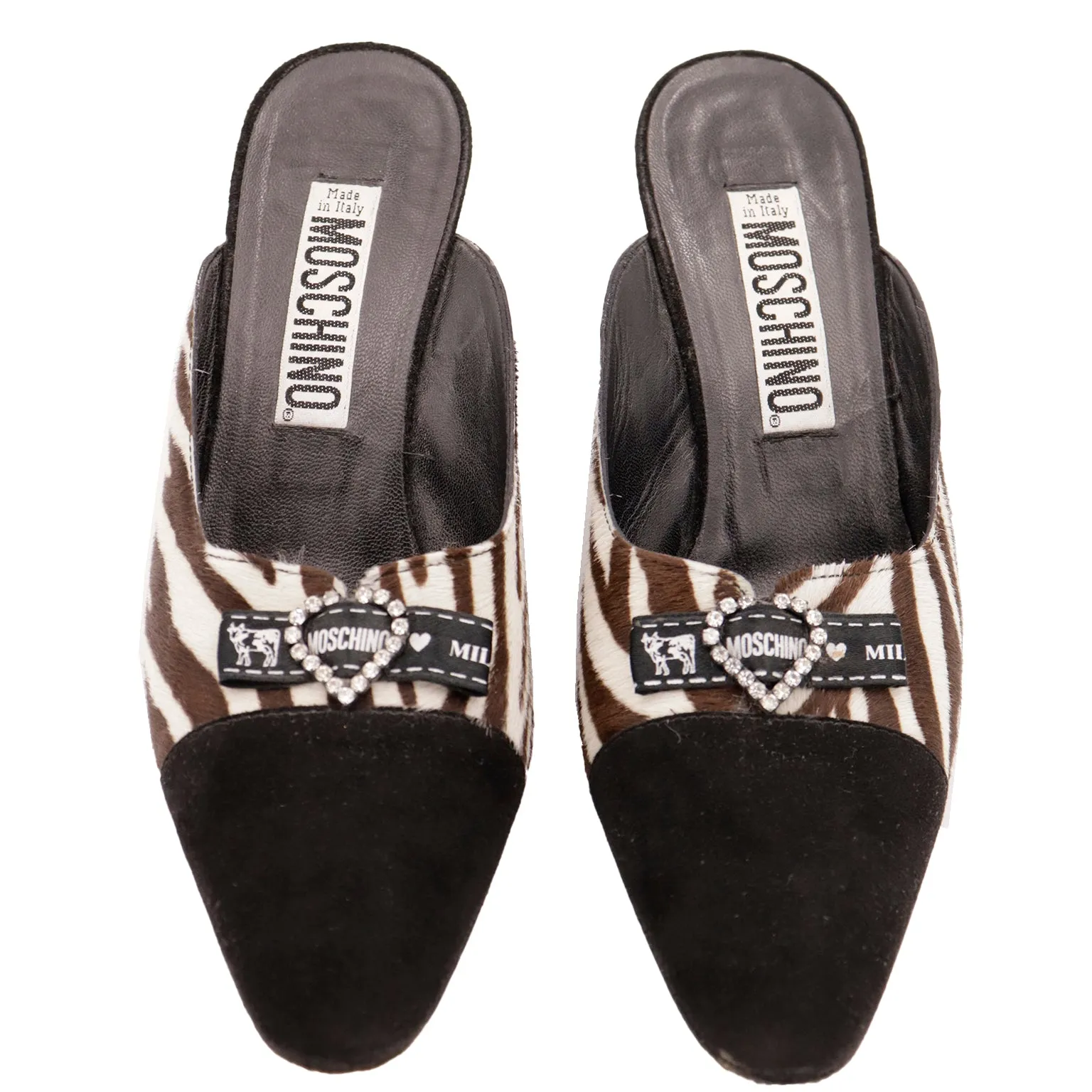 1990s Vintage Moschino Shoes Black w Brown Zebra Stripe Mules