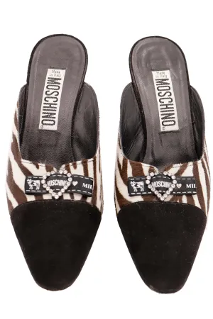 1990s Vintage Moschino Shoes Black w Brown Zebra Stripe Mules