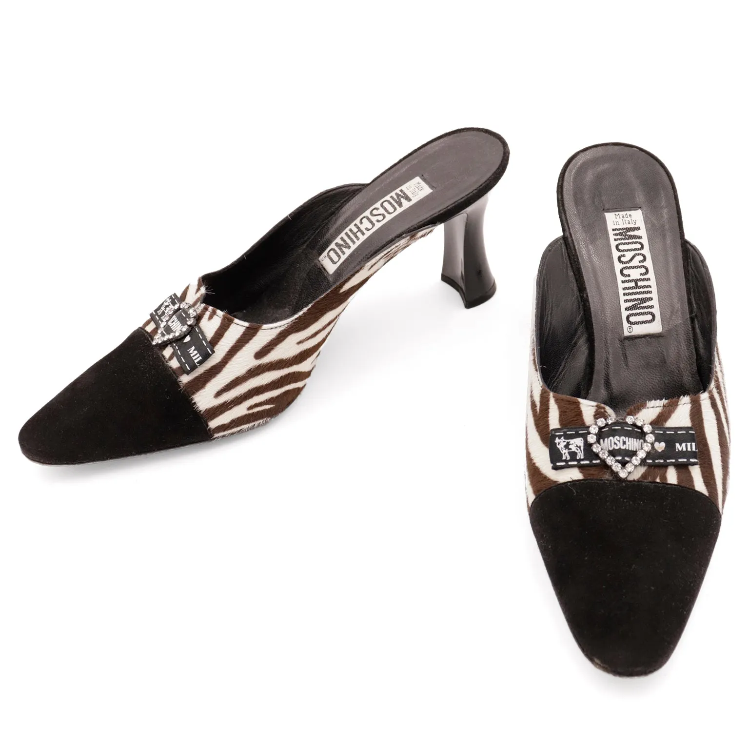 1990s Vintage Moschino Shoes Black w Brown Zebra Stripe Mules