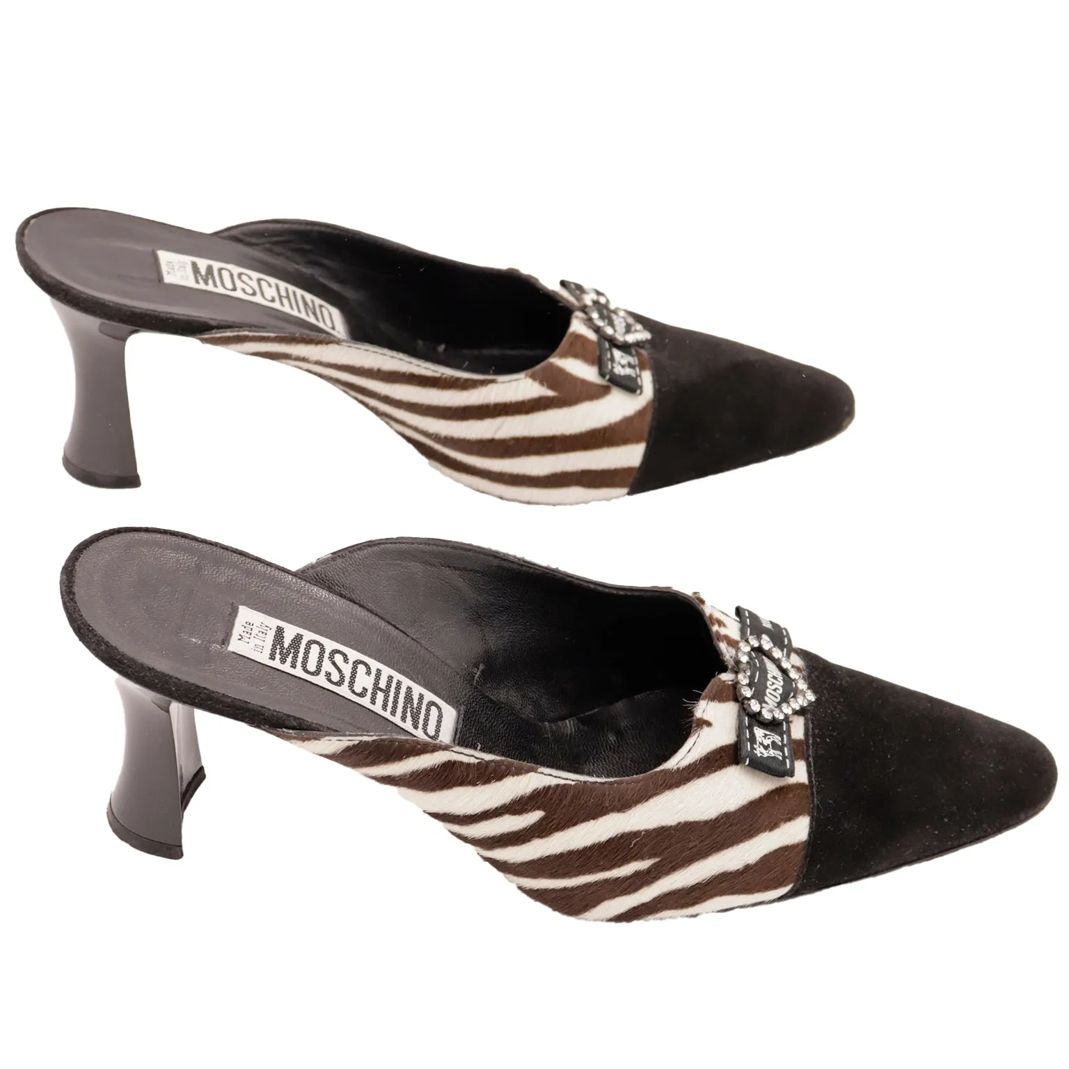 1990s Vintage Moschino Shoes Black w Brown Zebra Stripe Mules