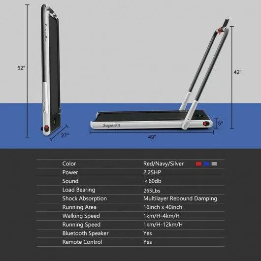 2-in-1 Folding Treadmill with RC Bluetooth Speaker LED Display-Silver