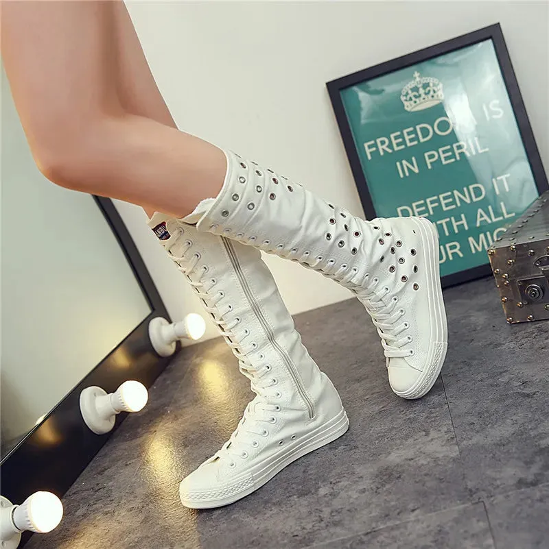 2024 High Top High Tube Hollow Canvas Shoes Autumn Breathable Hole Lace Side Zipper Dance Shoes Fashion Casual Flat Women Boots