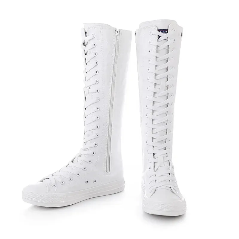 2024 High Top High Tube Hollow Canvas Shoes Autumn Breathable Hole Lace Side Zipper Dance Shoes Fashion Casual Flat Women Boots