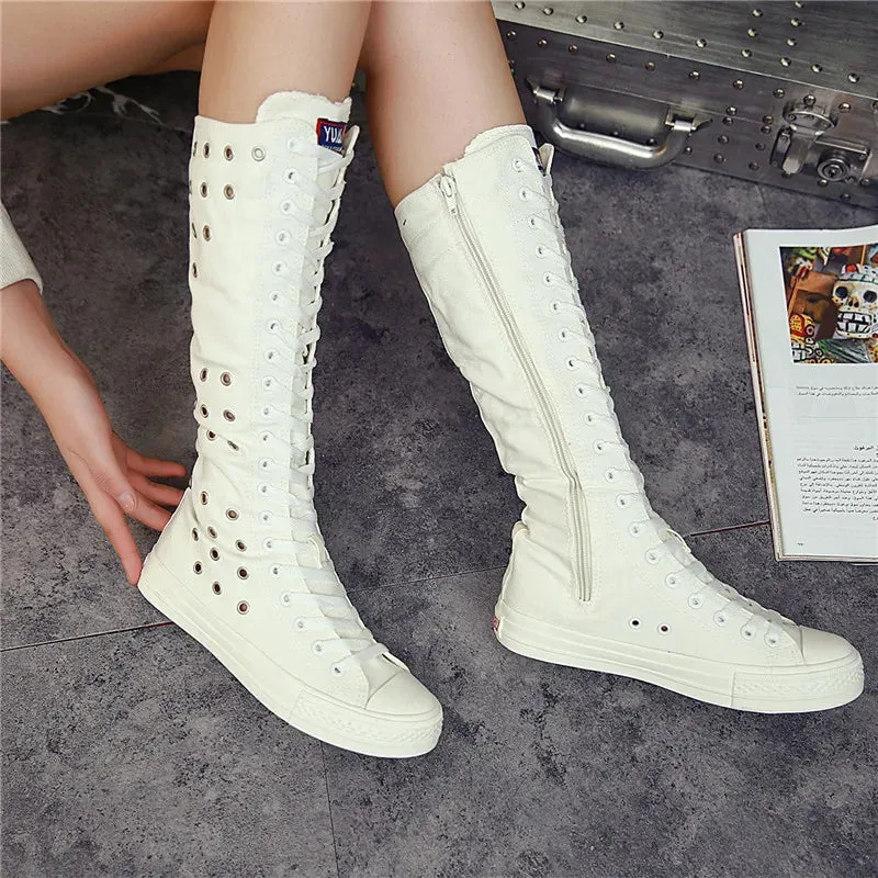 2024 High Top High Tube Hollow Canvas Shoes Autumn Breathable Hole Lace Side Zipper Dance Shoes Fashion Casual Flat Women Boots