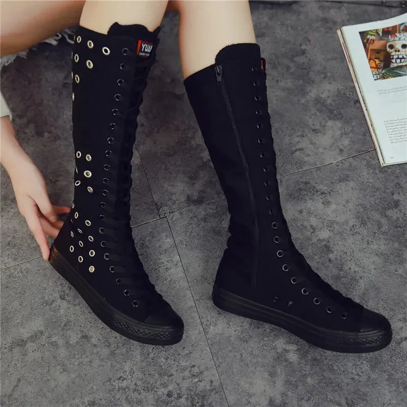 2024 High Top High Tube Hollow Canvas Shoes Autumn Breathable Hole Lace Side Zipper Dance Shoes Fashion Casual Flat Women Boots