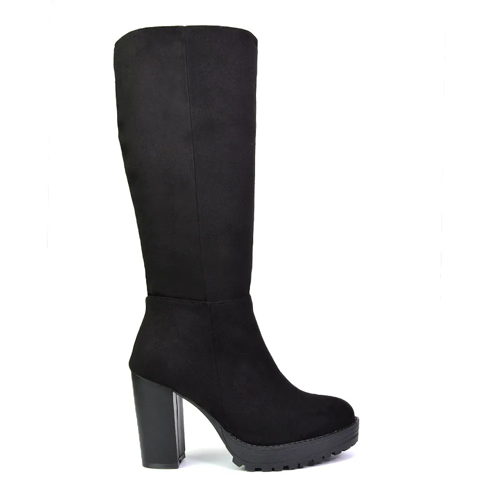 Addie Chunky Super High Block Heeled Platform Knee High Boots In Black Synthetic Leather