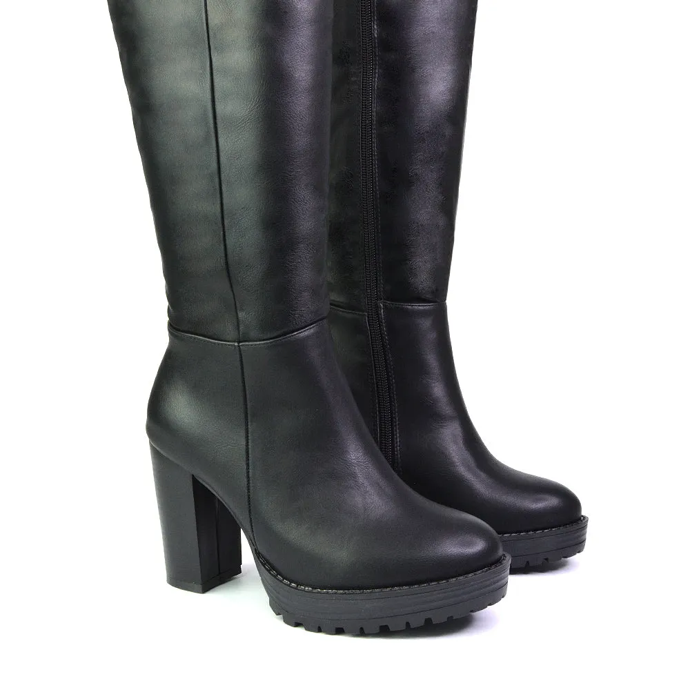 Addie Chunky Super High Block Heeled Platform Knee High Boots In Black Synthetic Leather