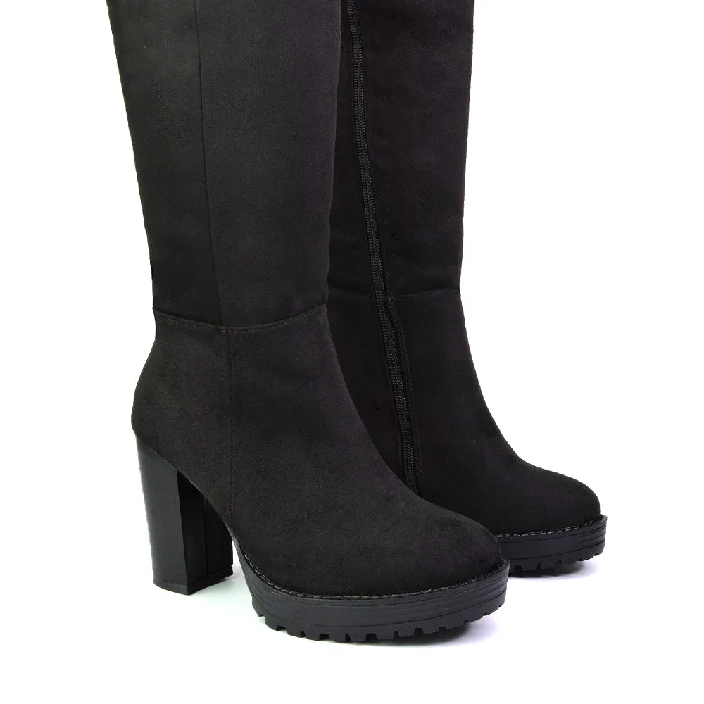 Addie Chunky Super High Block Heeled Platform Knee High Boots In Black Synthetic Leather