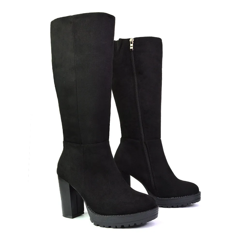 Addie Chunky Super High Block Heeled Platform Knee High Boots In Black Synthetic Leather