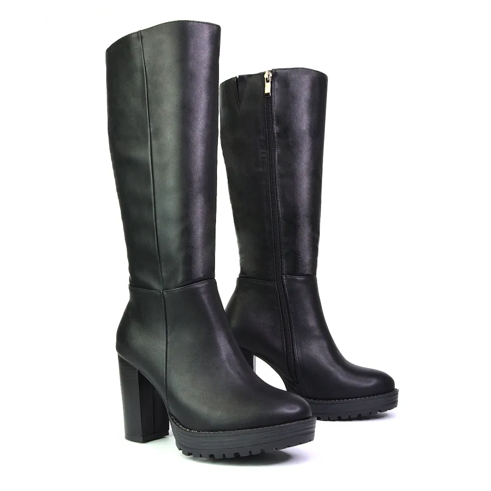 Addie Chunky Super High Block Heeled Platform Knee High Boots In Black Synthetic Leather