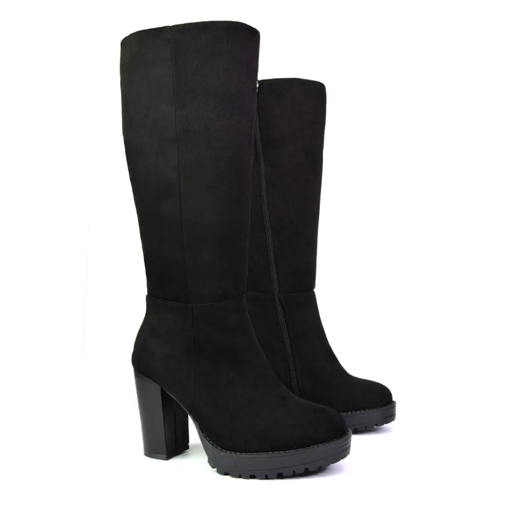 Addie Chunky Super High Block Heeled Platform Knee High Boots In Black Synthetic Leather