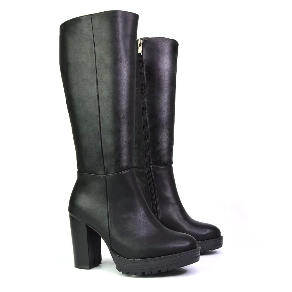 Addie Chunky Super High Block Heeled Platform Knee High Boots In Black Synthetic Leather