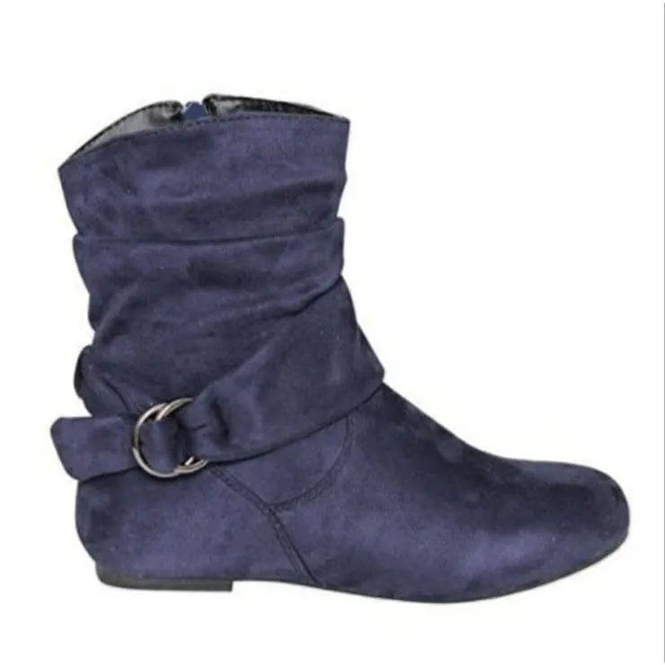 Adjustable Buckle Flat Heel Suede Slouchy Boots