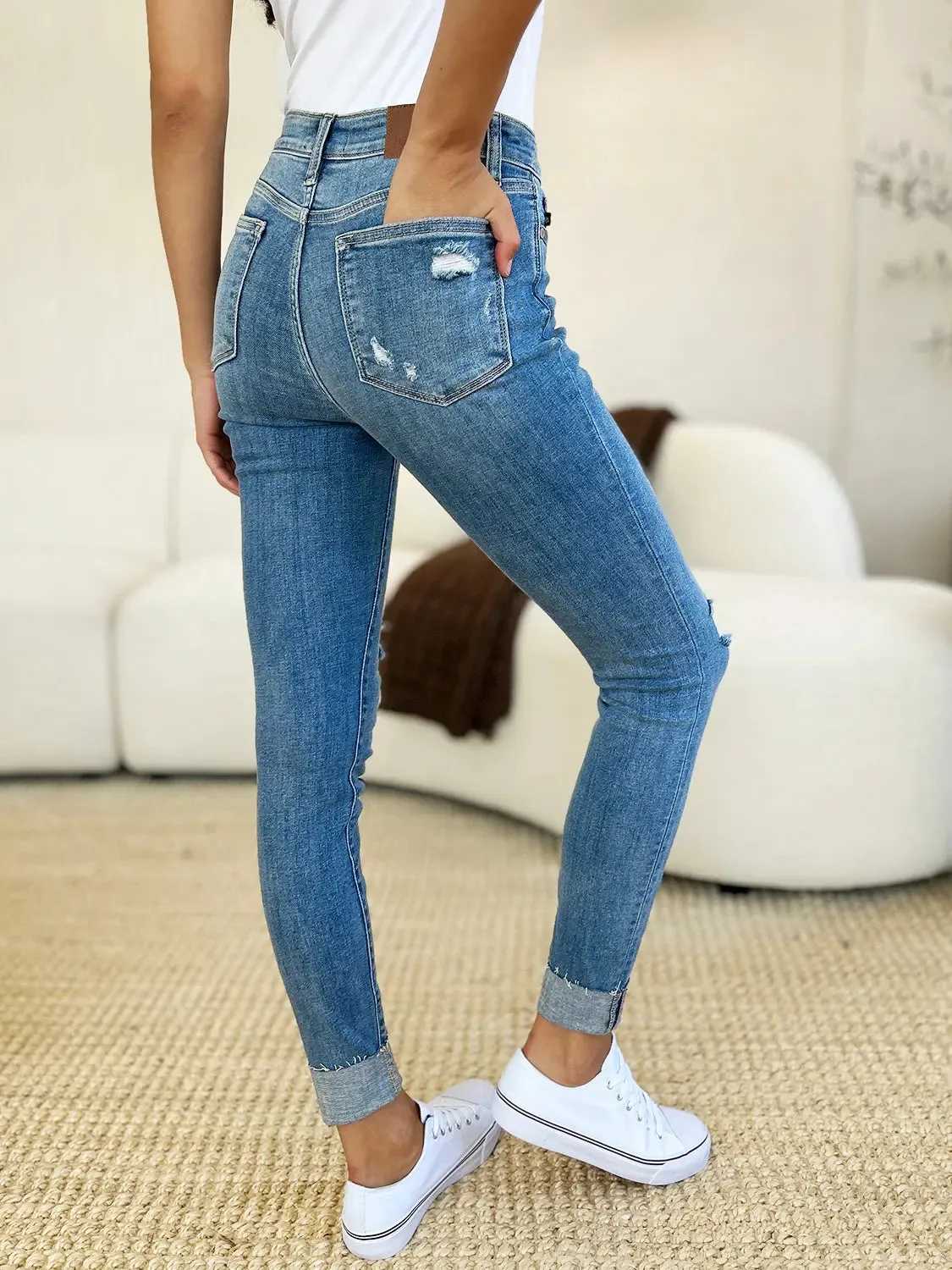 Aldith Judy Blue Size Inclusive Mid Rise Destroy & Cuff Skinny Jeans