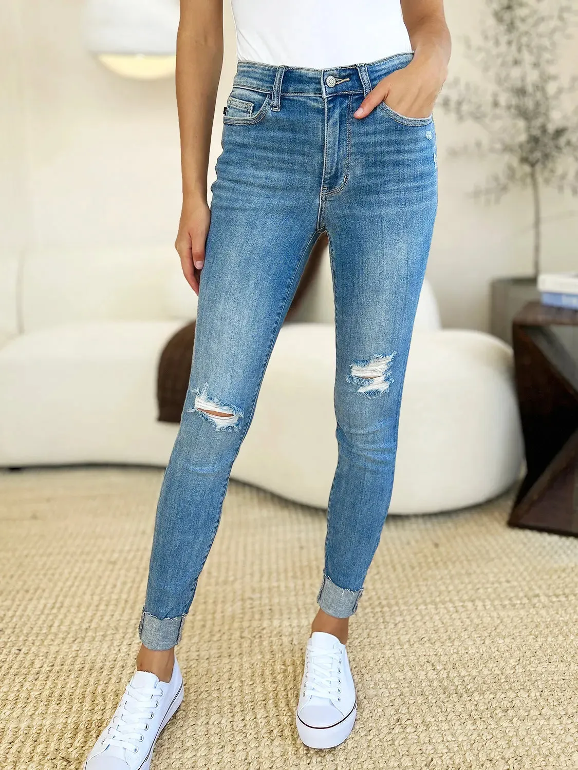 Aldith Judy Blue Size Inclusive Mid Rise Destroy & Cuff Skinny Jeans