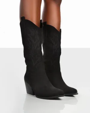 Arizona Black Faux Suede Western Embroidered Pointed Toe Knee High Cowboy Boots