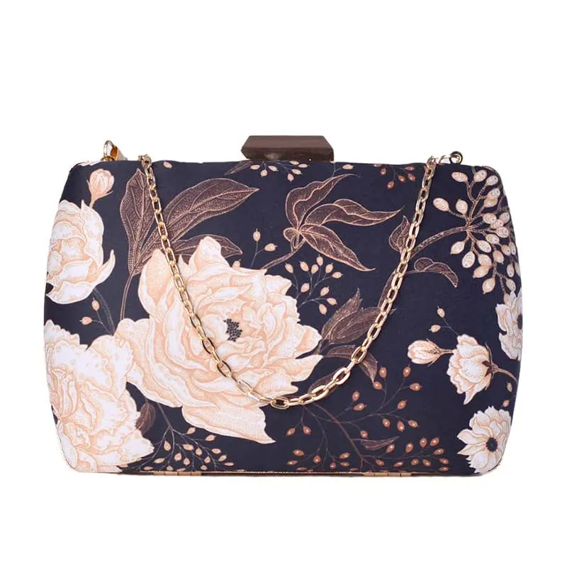 Artklim Printed Floral Clutch On Nevy Blue Background