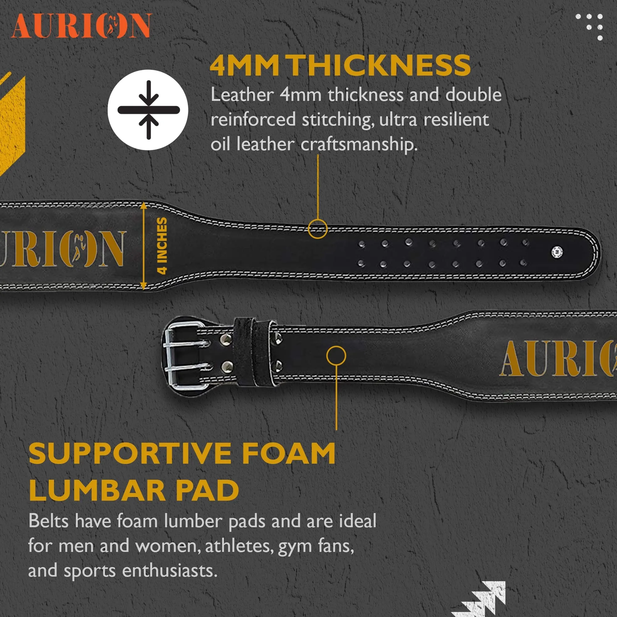 Aurion Leather Weight Lifting Belt Body Fitness Gym Back Support Extra Wide 6 INCHES (Large - 38"- 40" Waist)