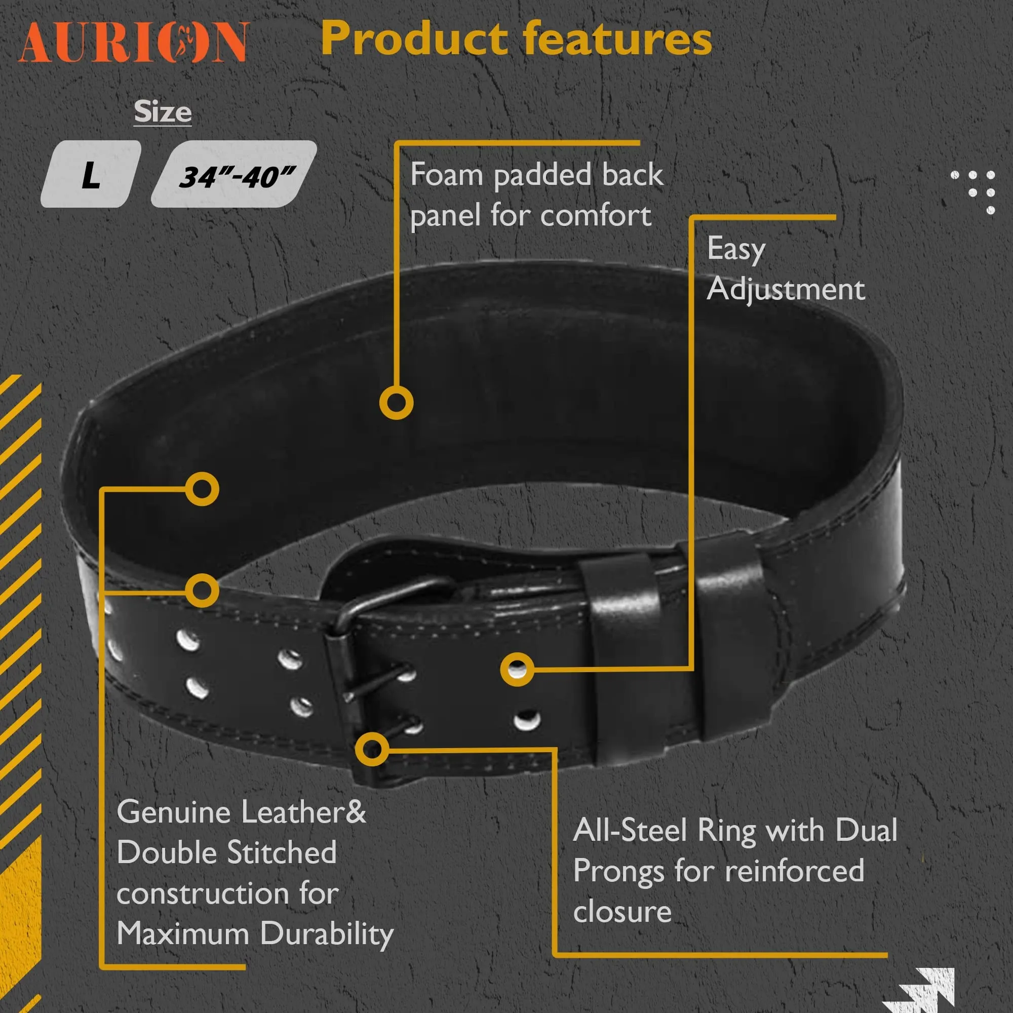 Aurion Leather Weight Lifting Belt Body Fitness Gym Back Support Extra Wide 6 INCHES (Large - 38"- 40" Waist)