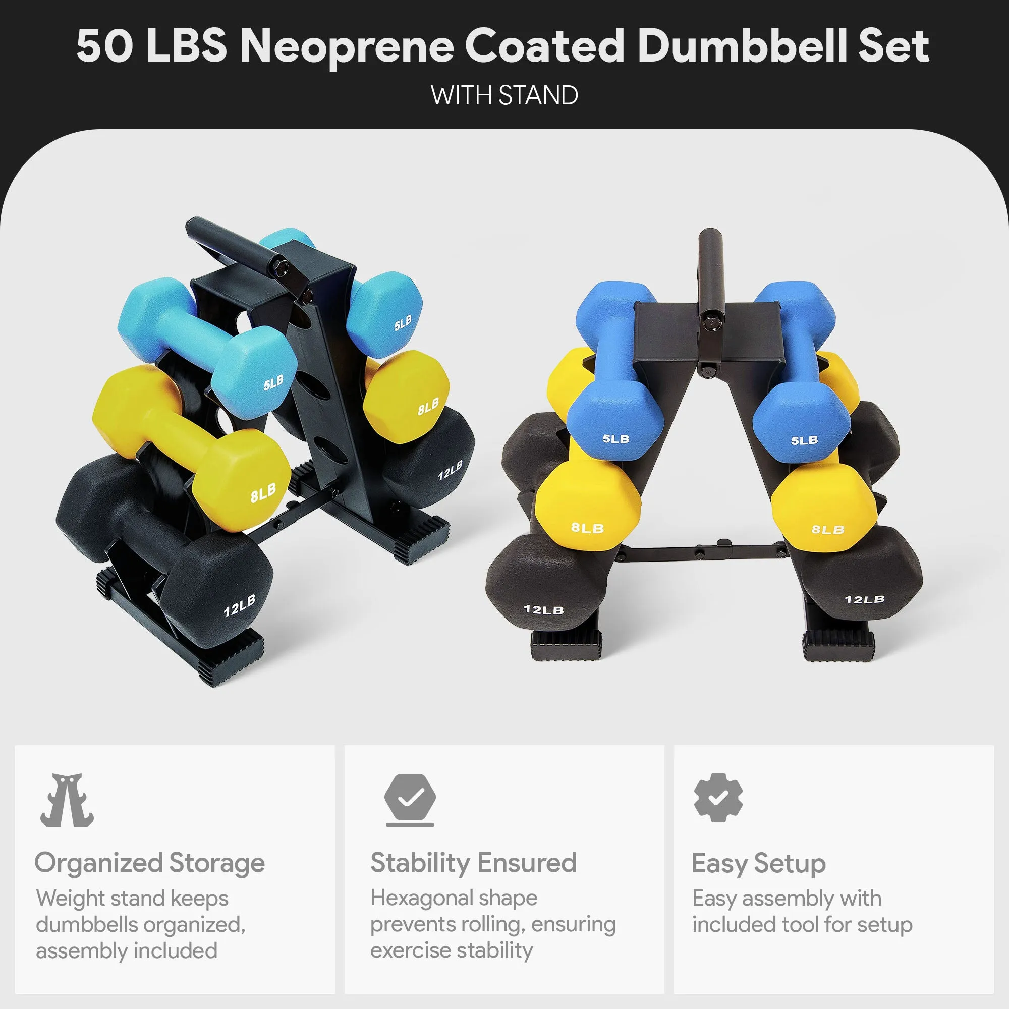 BalanceFrom Fitness 5, 8, and 12 Pound Neoprene Coated Dumbbell Set with Stand