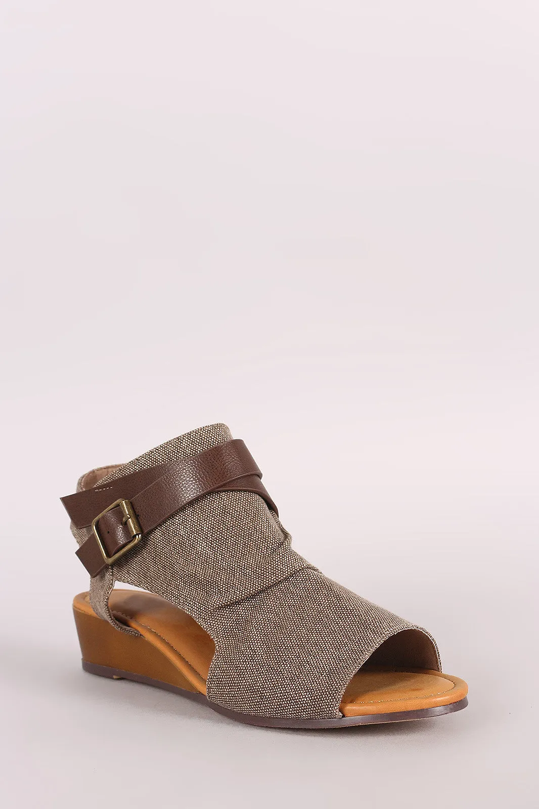 Bamboo Canvas Crisscross Buckled Strap Cutout Wedge Sandal