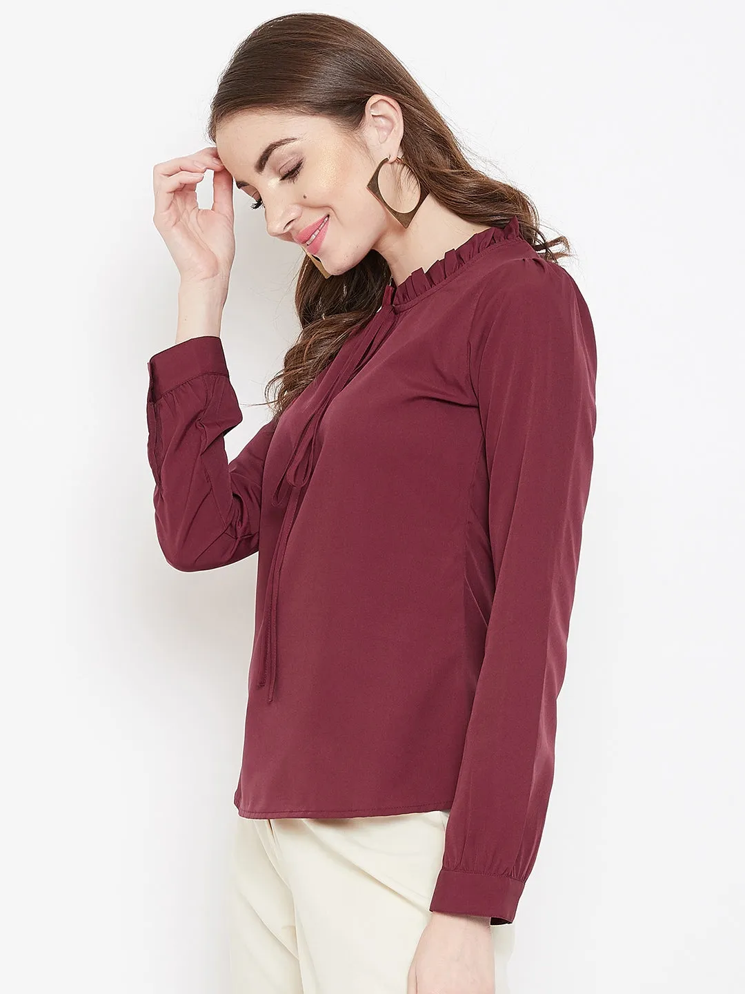 Berrylush Women Solid Maroon Tie-Up Neck Crepe Regular Top