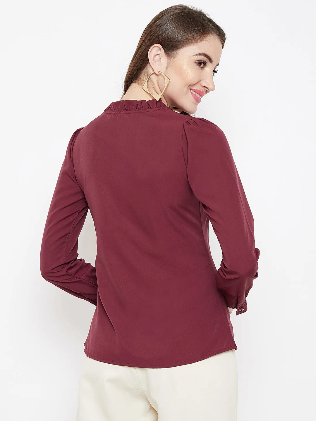 Berrylush Women Solid Maroon Tie-Up Neck Crepe Regular Top