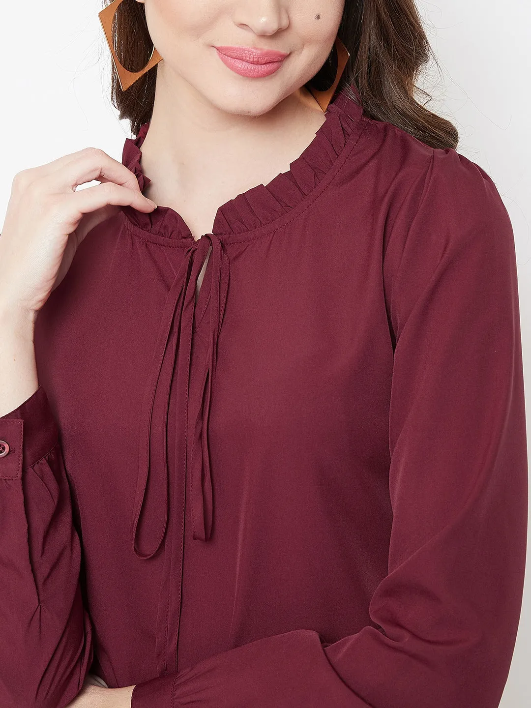 Berrylush Women Solid Maroon Tie-Up Neck Crepe Regular Top