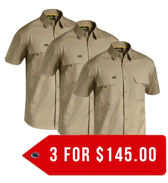 Bisley Mens X Airflow Ripstop Work Shirt Short Sleeve-3 Pack-(BS1414-1)