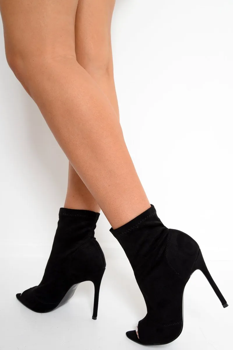 Black Faux Suede Peep Toe Sock Boots - Aarushi