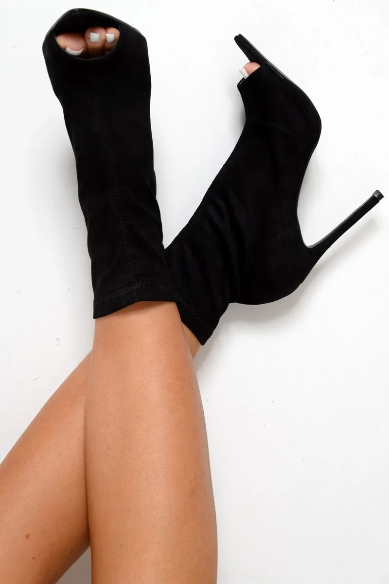 Black Faux Suede Peep Toe Sock Boots - Aarushi