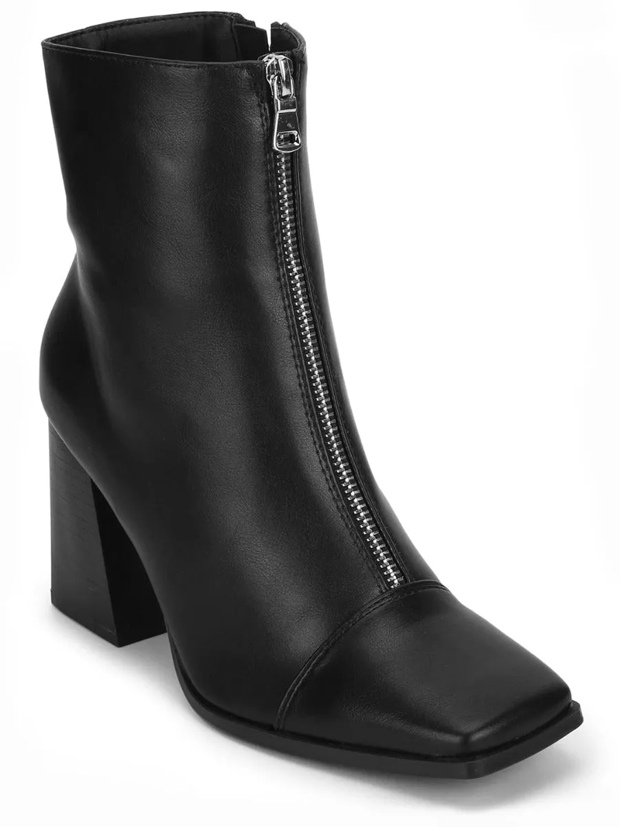 Black PU Front Zip Ankle Boots