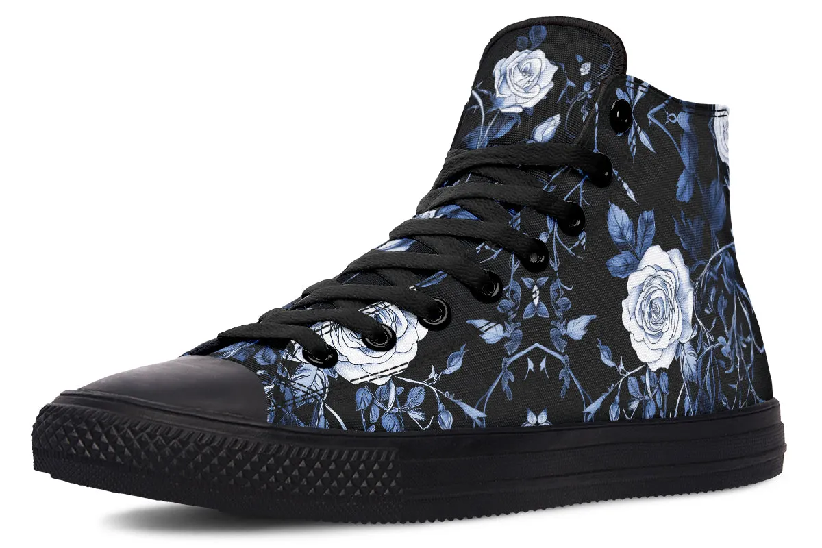 Blue Rose Romance High Tops - Classic Premium Canvas Shoes with Comfortable and Durable Soles