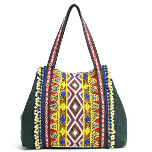 Boho Girl Diamond Pattern Beaded Green Tote with Pompom Tassles | Large Designer Tote Bag for Girls and Women | Canvas Handbag | Stylish Casual Bag