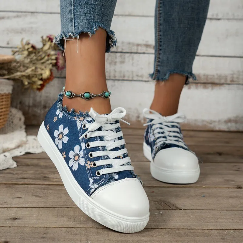 Casual Floral Print Lace-up Canvas Shoes for Women