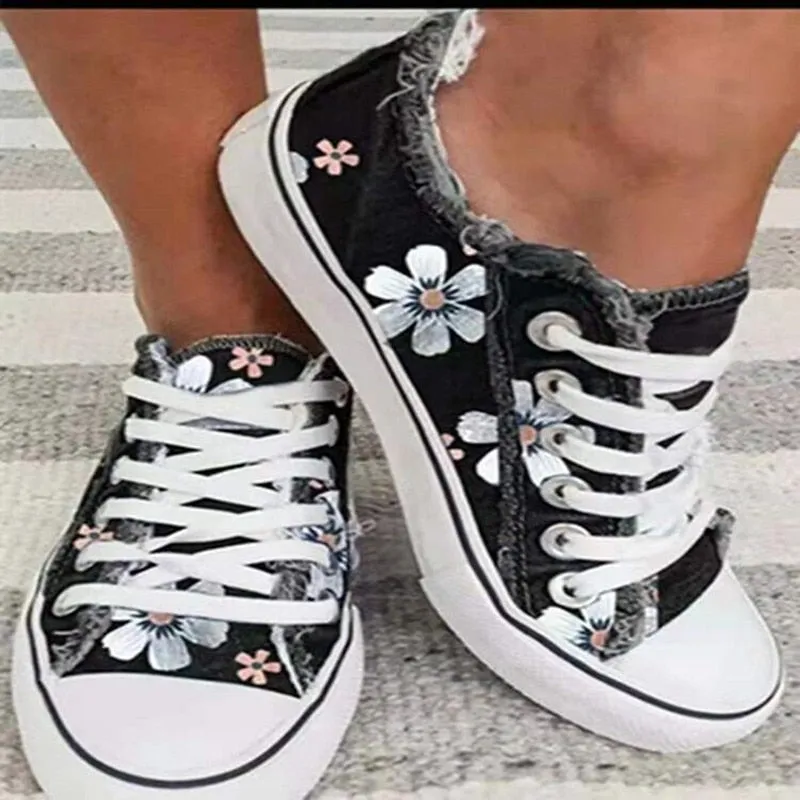 Casual Floral Print Lace-up Canvas Shoes for Women