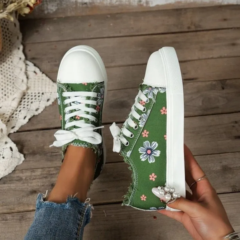 Casual Floral Print Lace-up Canvas Shoes for Women