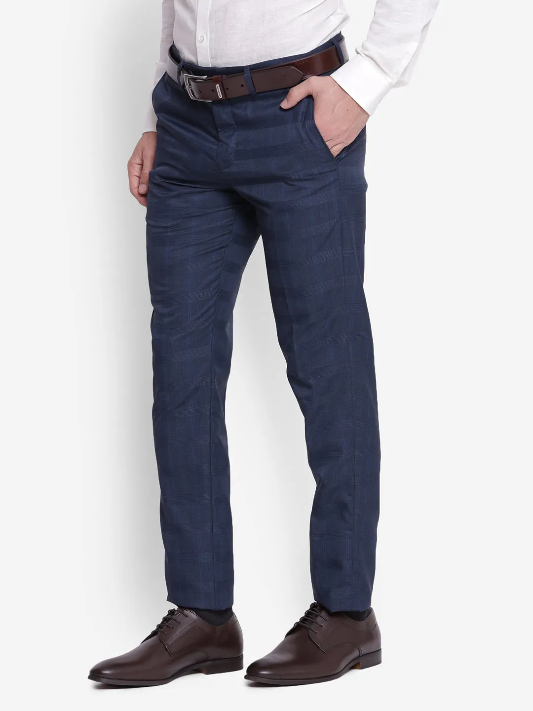 Checked Navy Blue Slim Fit Formal Trouser