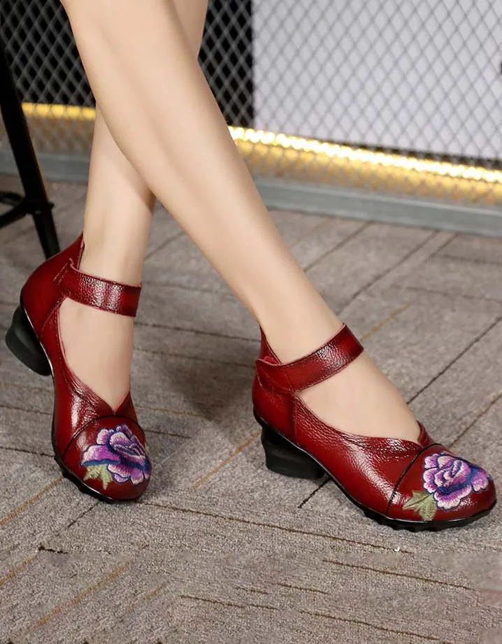 Chunky Heel Ethnic Style Embroidered Shoes