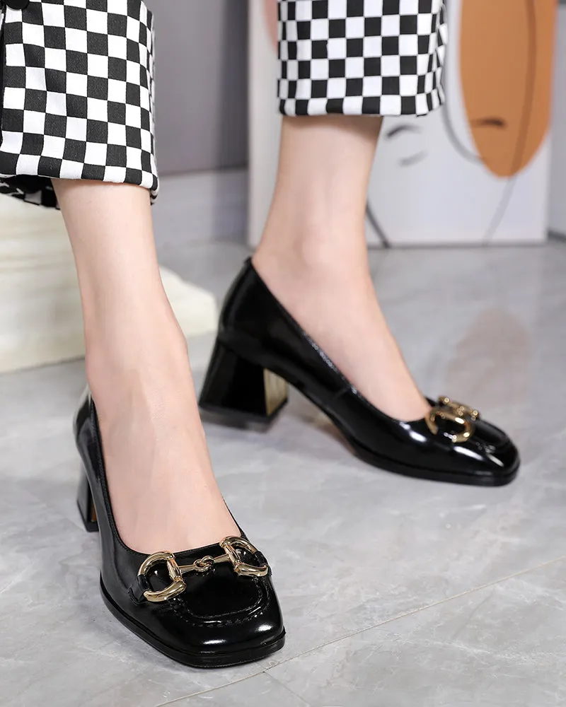 (Clean Up - US 9.5) Classic Metal Buckle Patent Leather Mid Heel Shallow Mouth Loafers