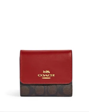 Coach Women's Brown & Red Small Trifold Wallet In Blocked Signature Canvas