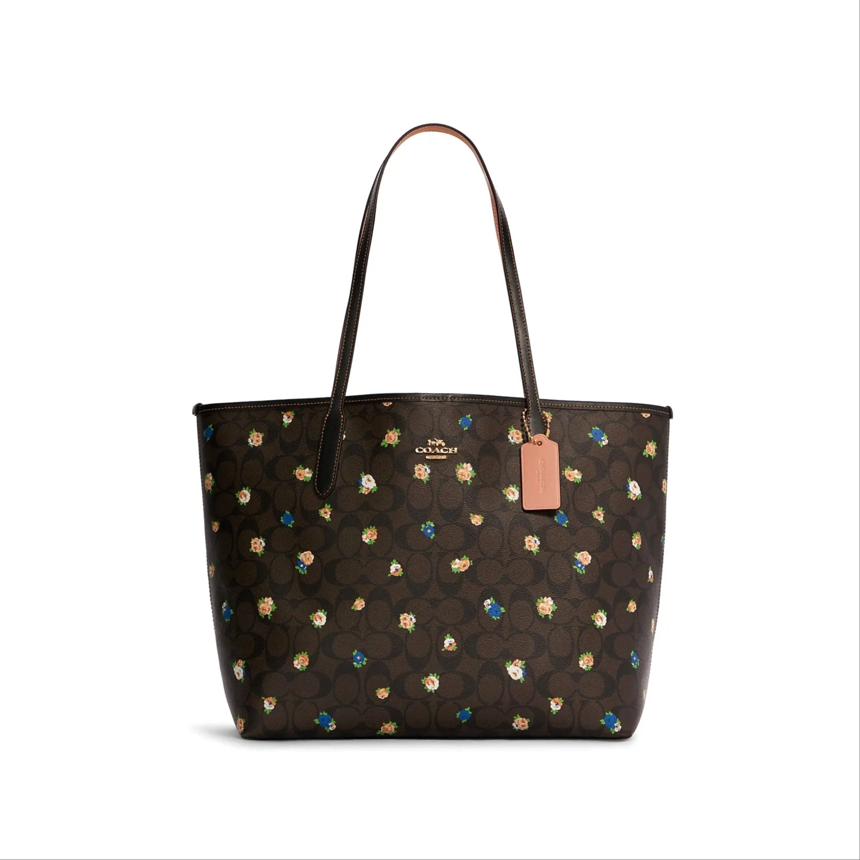 Coach Women's Brown Black Multi City Tote In Signature Canvas With Vintage Mini Rose Print