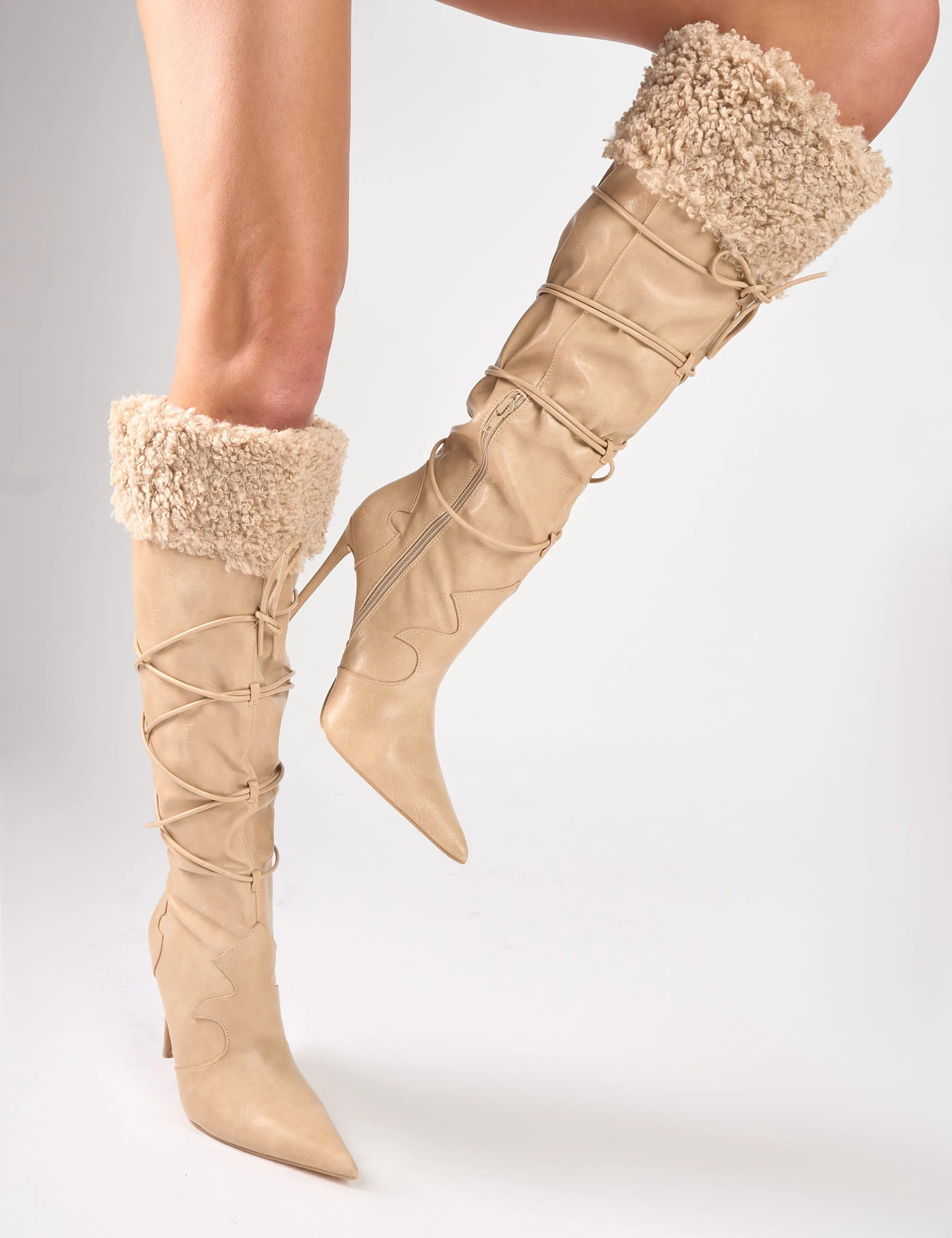 Crusader Cream Fur Trim Western Inspired Pointed Toe Boots