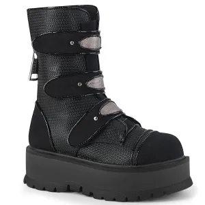 Demonia SLACKER-101 | Black Vegan Leather & Canvas Mid-Calf Boots