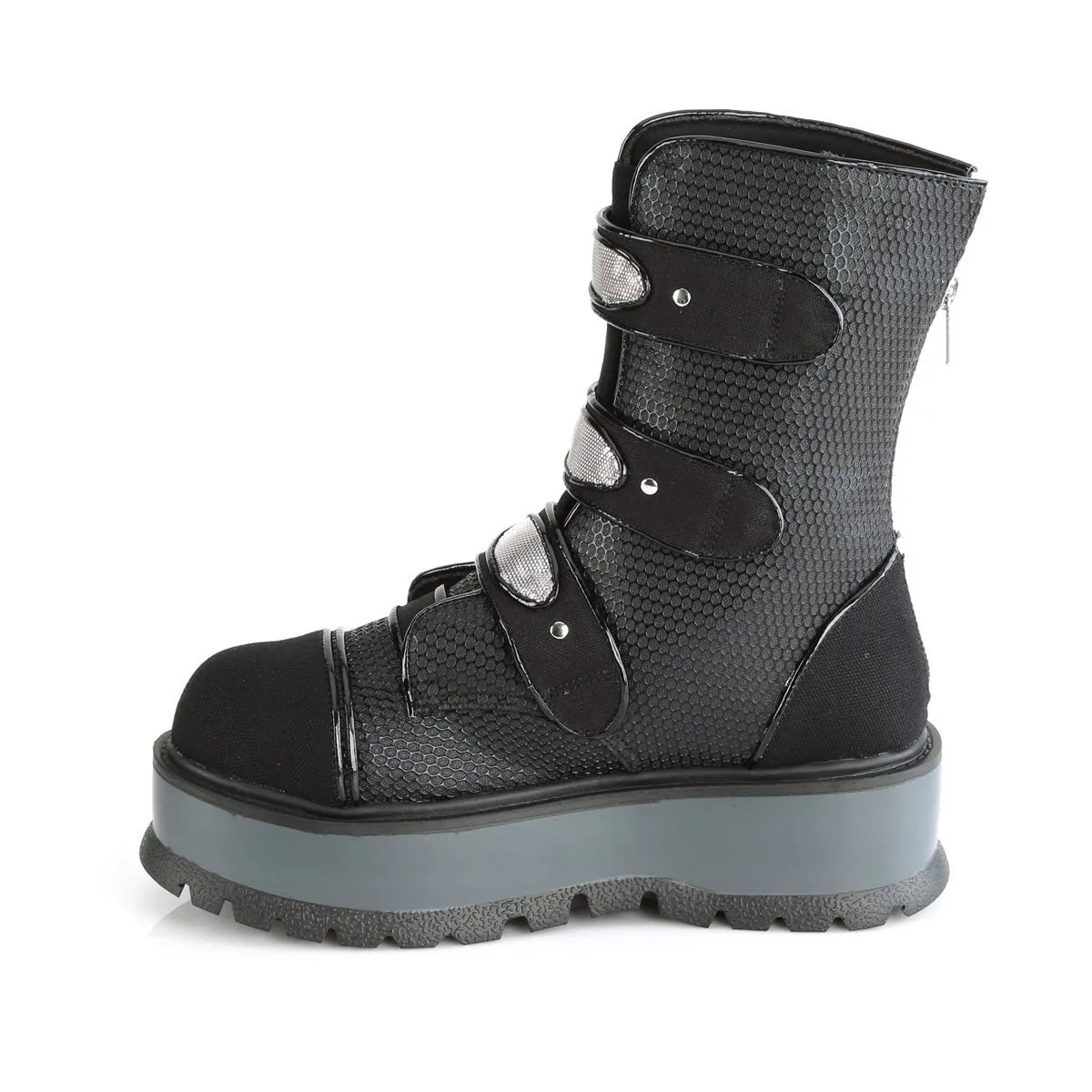 Demonia SLACKER-101 | Black Vegan Leather & Canvas Mid-Calf Boots