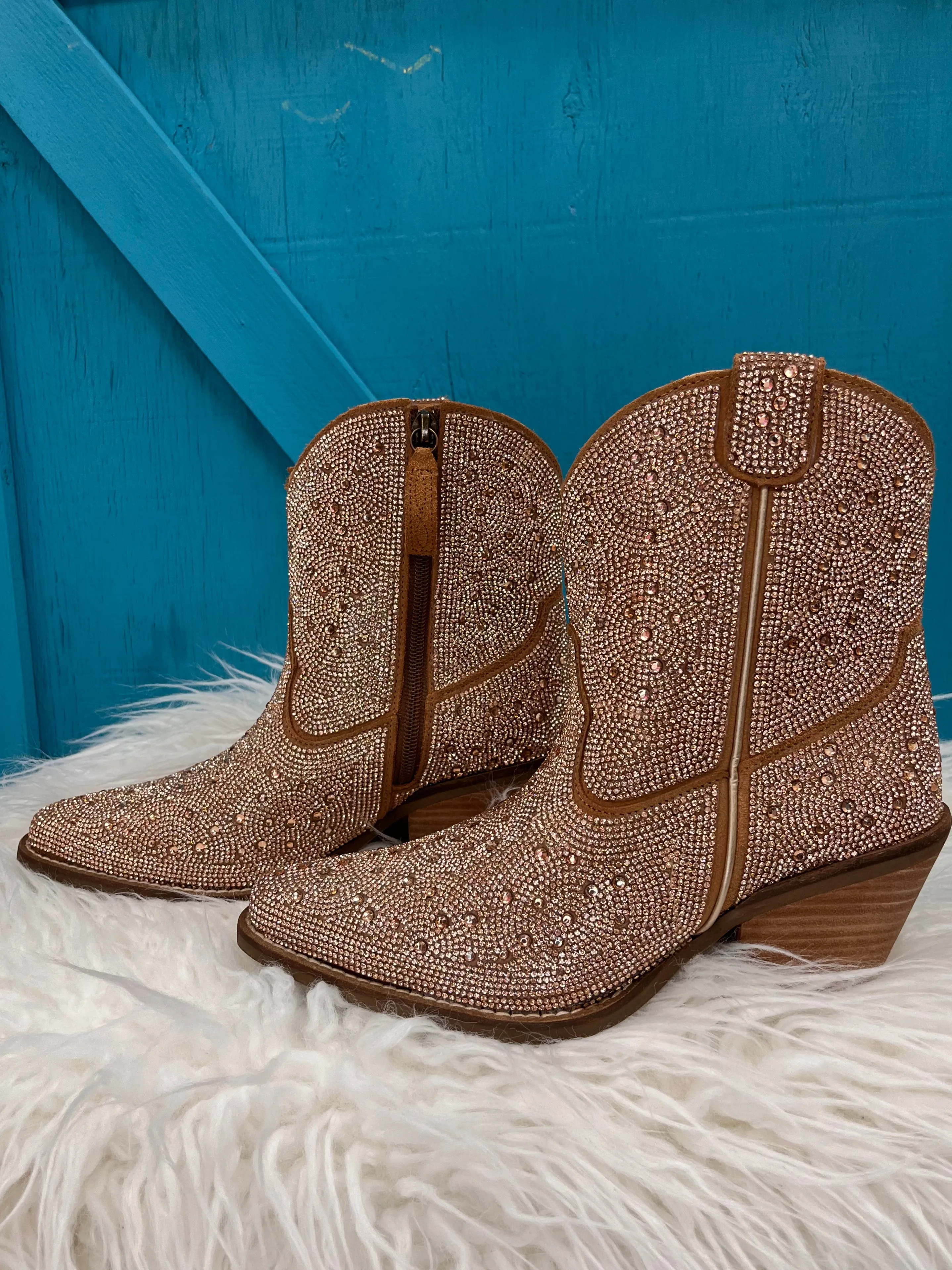 Dingo Women's Rose Gold Rhinestone Cowgirl Ankle Booties DI577-RG