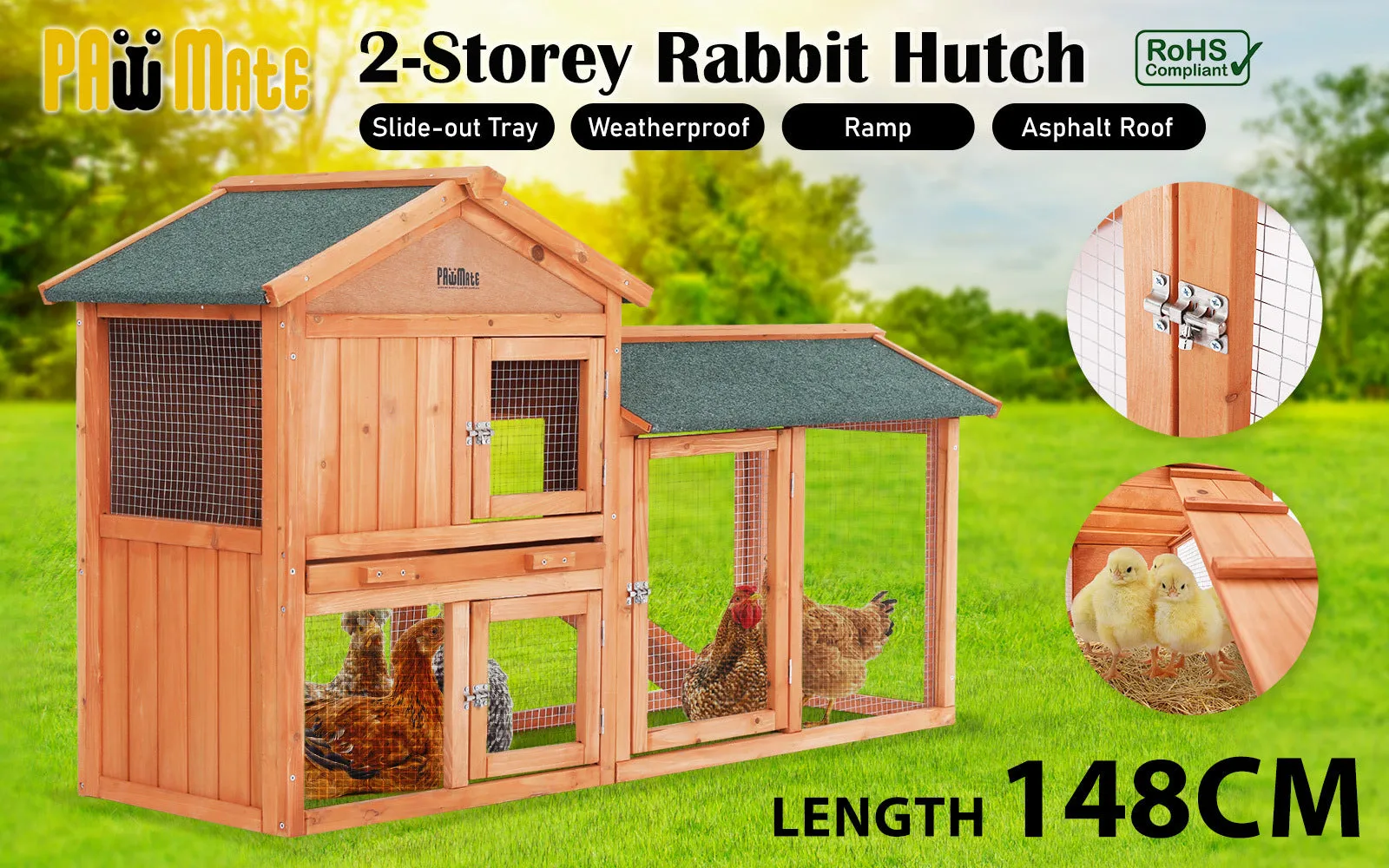 Durable 2-Storey Rabbit Hutch Chicken Coop with Run, PawMate