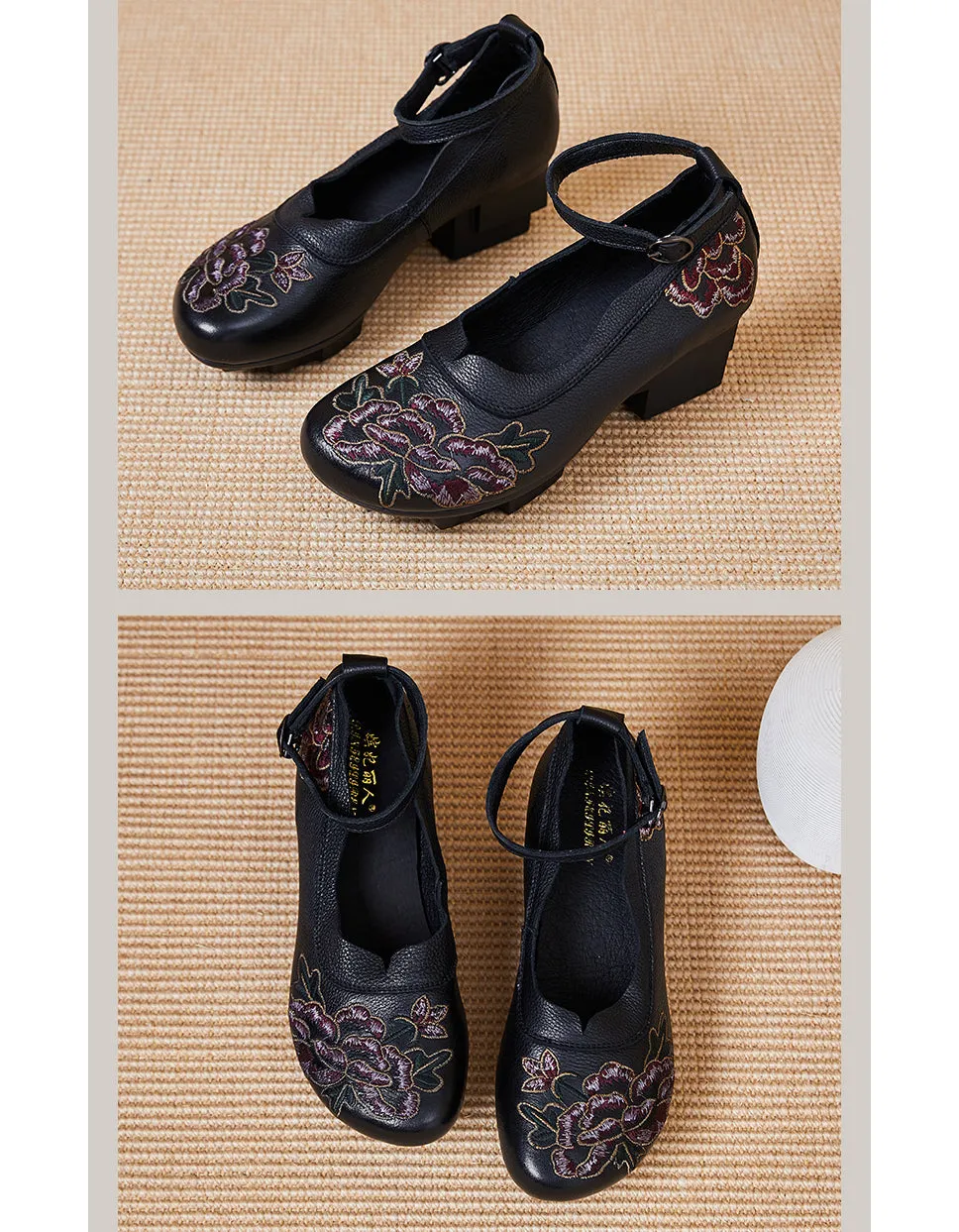 Ethnic Style Ankle Strap Embroidery Chunky Heels